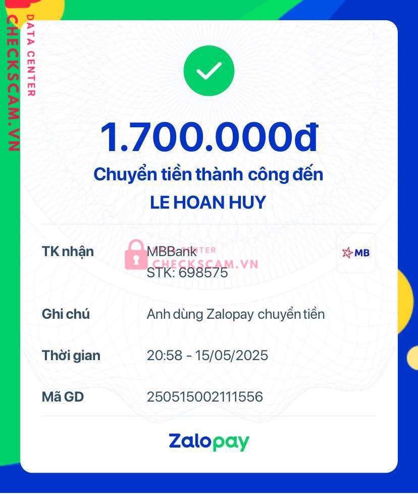 698575 Le Hoan Huy MB bị cảnh báo lừa đảo scam