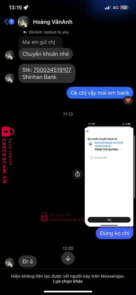 700034519107 Shinhan Bank tran thi quynh bị cảnh báo lừa đảo scam