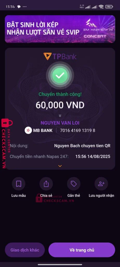 7016416913198 NGUYEN VAN LOI MB bị cảnh báo lừa đảo scam