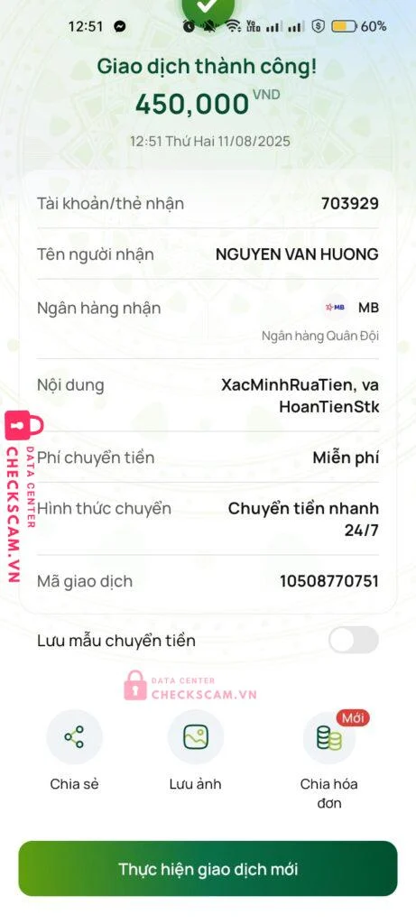 703292 NGUYEN VAN HUONG MB bị cảnh báo lừa đảo scam