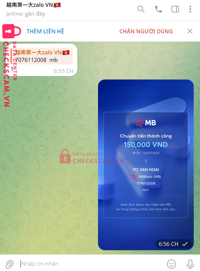 7076112008 TO VAN HOAI MB bị cảnh báo lừa đảo scam