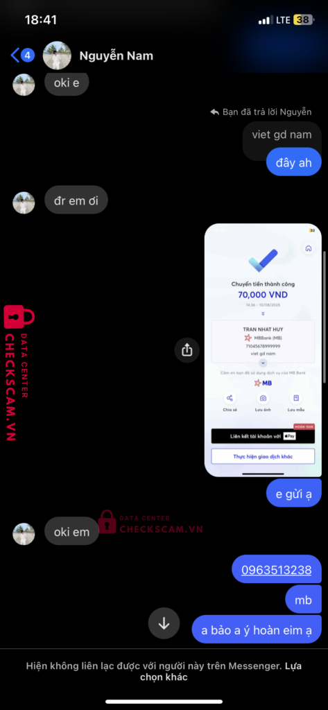 71045678999999 TRAN NHAT HUY MB bị cảnh báo lừa đảo scam