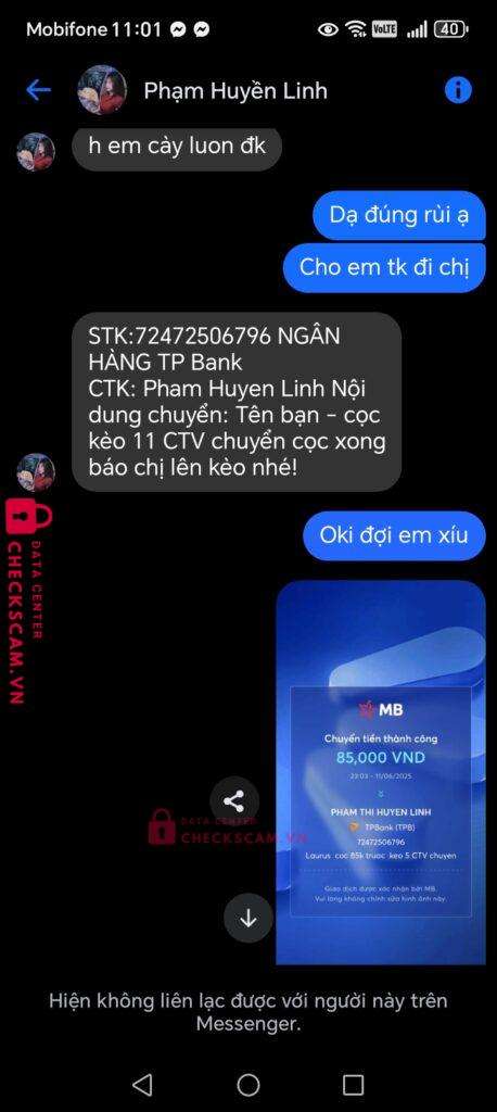 72472506796 PHAM THI QUYEN LINH TP BANK bị cảnh báo lừa đảo scam