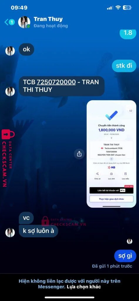 7250720000 TRAN THI THUY Techcombank bị cảnh báo lừa đảo scam
