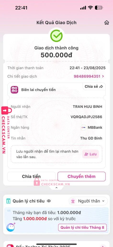 756411 Tran Huu Binh MB bị cảnh báo lừa đảo scam