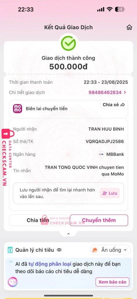756411 Tran Huu Binh MB bị cảnh báo lừa đảo scam