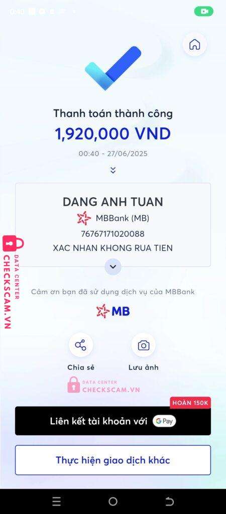 76767171020088 DANG ANH TUAN MB bị cảnh báo lừa đảo scam