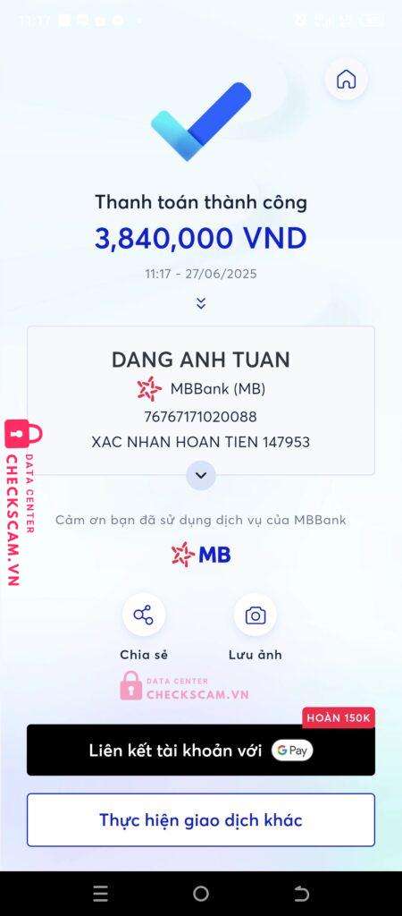 76767171020088 DANG ANH TUAN MB bị cảnh báo lừa đảo scam