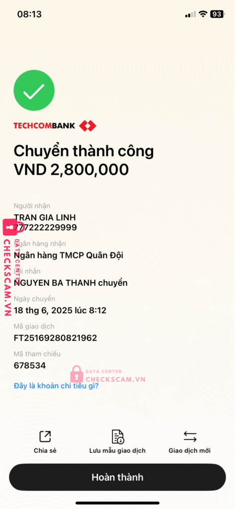 77722229999 TRAN GIA LINH MB bị cảnh báo lừa đảo scam