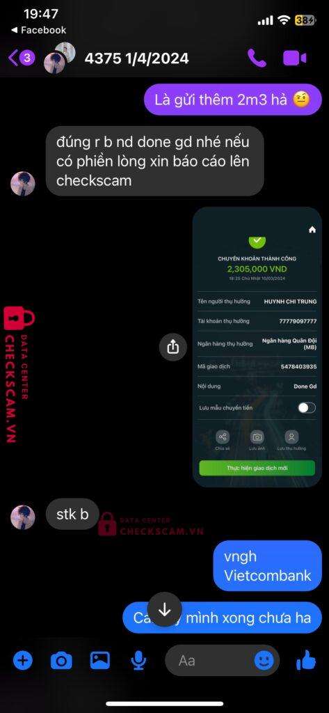 77779097777 HUYNH CHI TRUNG MB bị cảnh báo lừa đảo scam