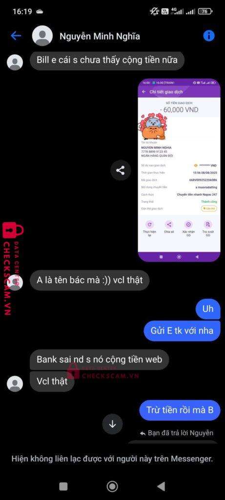77788899912345 NGUYEN MINH NGHIA MB bị cảnh báo lừa đảo scam