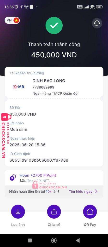 7788689999 DINH BAO LONG MB bị cảnh báo lừa đảo scam