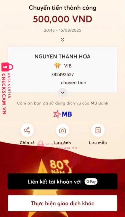 782492527 NGUYEN THANH HOA VIB bị cảnh báo lừa đảo scam