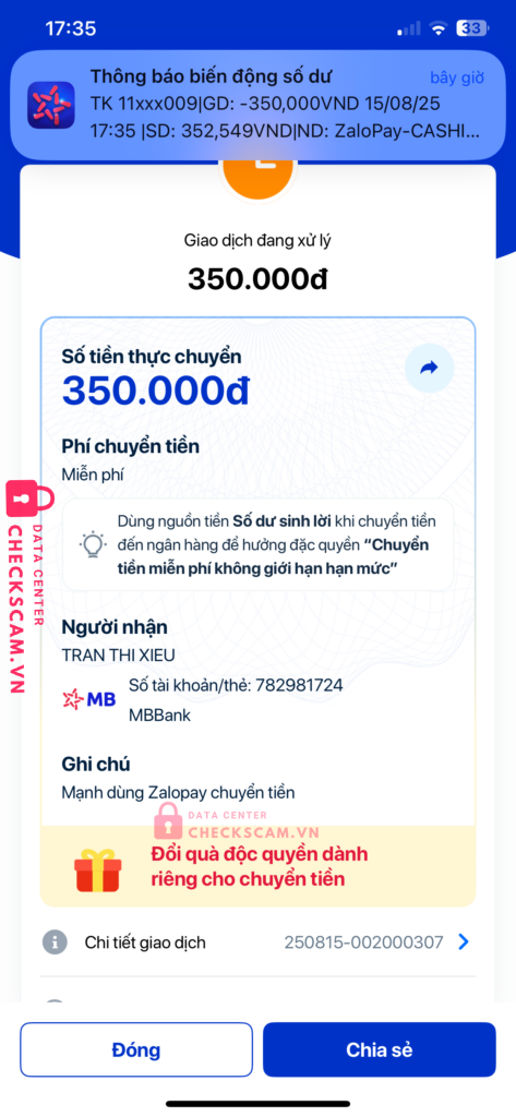 782981724 TRAN THI XIEU MB bị cảnh báo lừa đảo scam