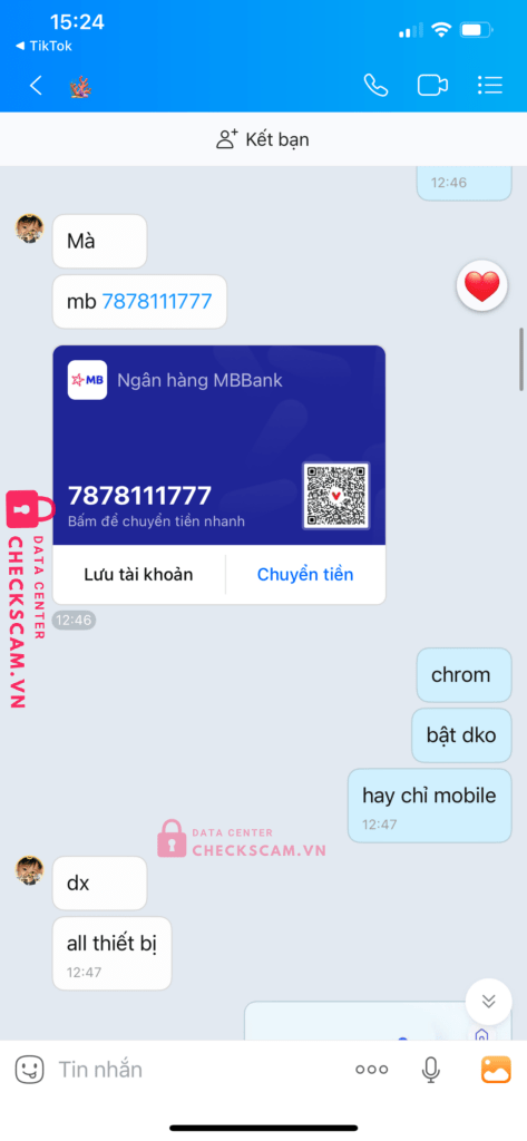 7878111777 TRUONG DUC TOAN MB bị cảnh báo lừa đảo scam