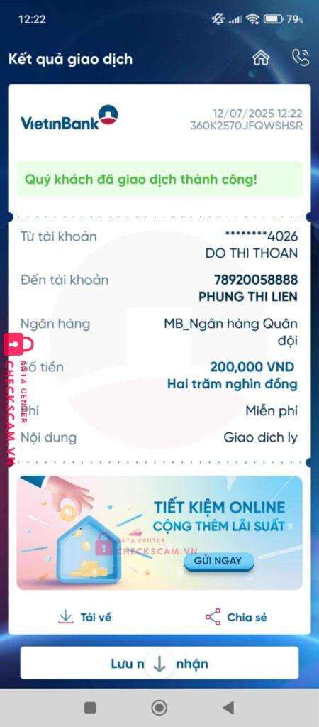 78920058888 Phung Thi Lien MB bị cảnh báo lừa đảo scam