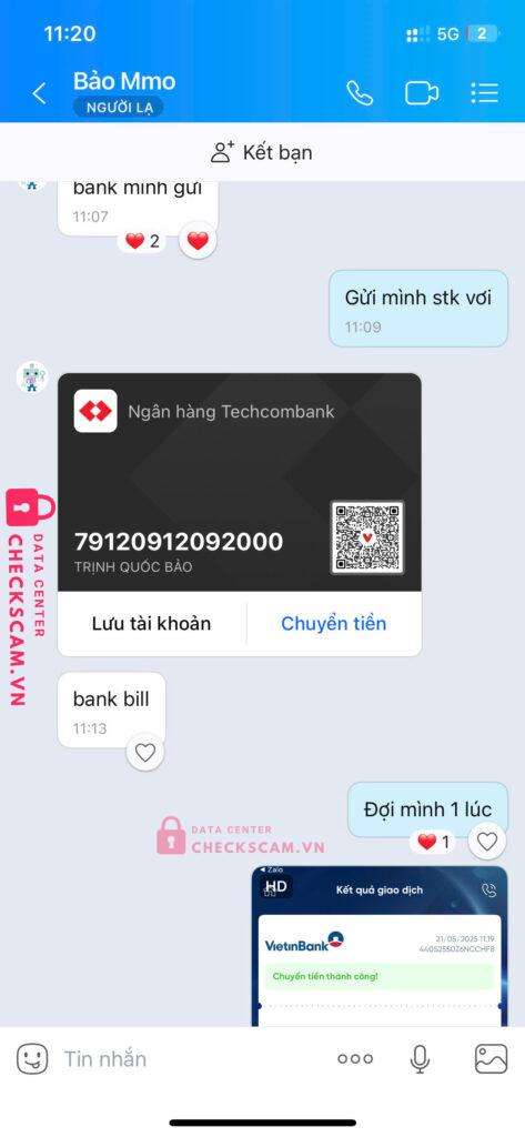 79120912092000 Trinh Quoc Bao Techcombank bị cảnh báo lừa đảo scam