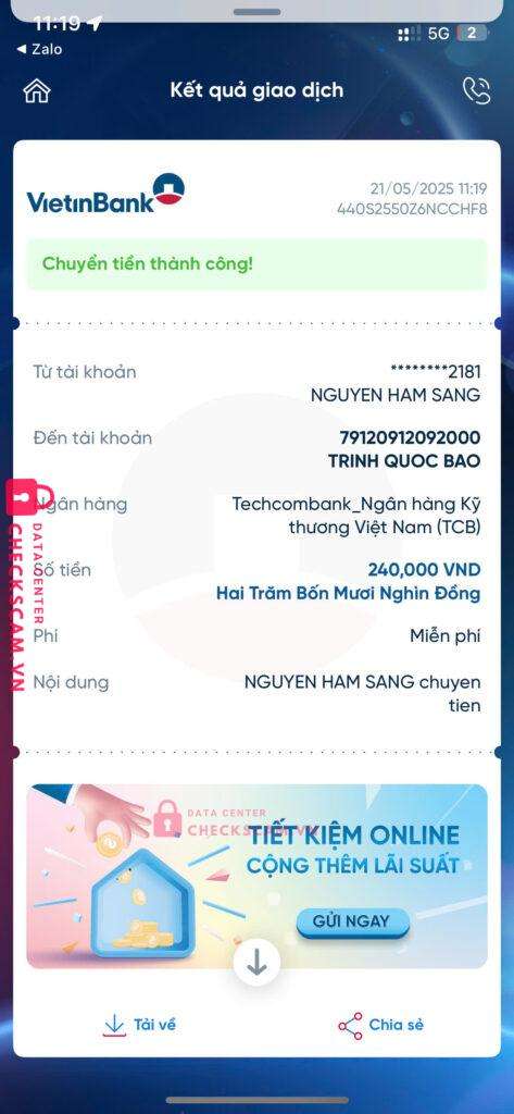 79120912092000 Trinh Quoc Bao Techcombank bị cảnh báo lừa đảo scam