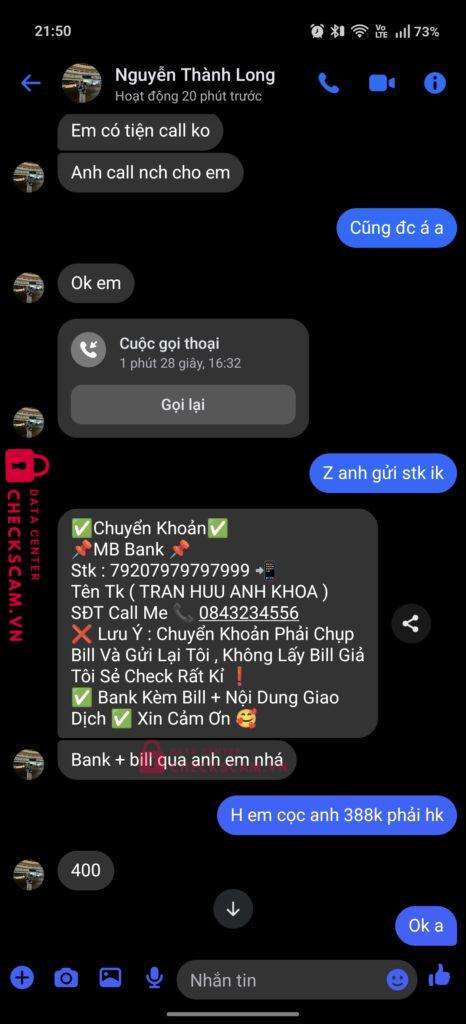 79207979797999 TRAN HUU ANH KHOA MB bị cảnh báo lừa đảo scam