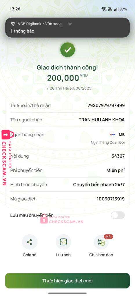 79207979797999 TRAN HUU ANH KHOA MB bị cảnh báo lừa đảo scam