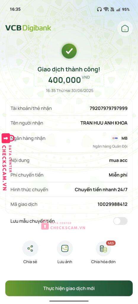 79207979797999 TRAN HUU ANH KHOA MB bị cảnh báo lừa đảo scam