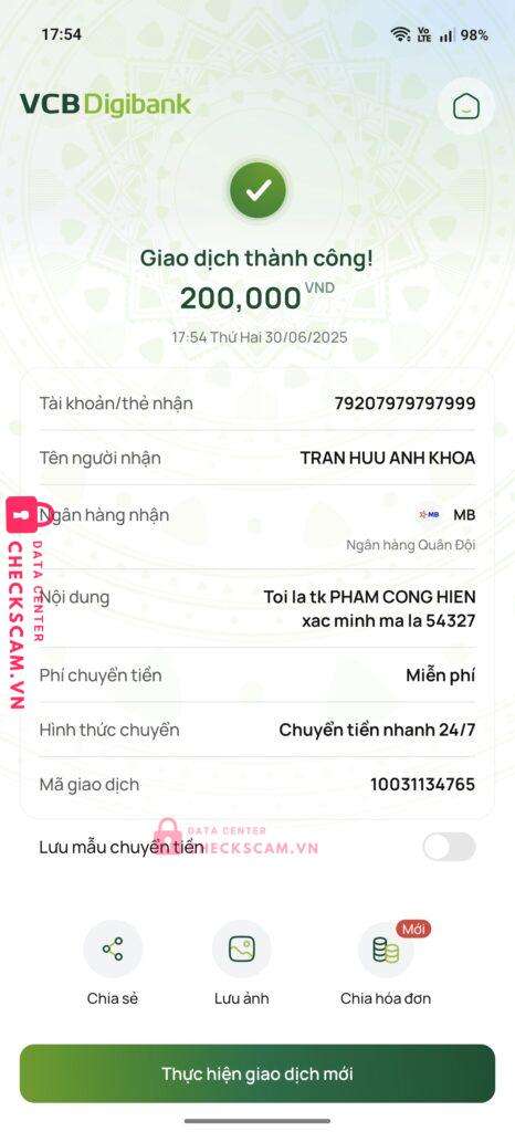 79207979797999 TRAN HUU ANH KHOA MB bị cảnh báo lừa đảo scam