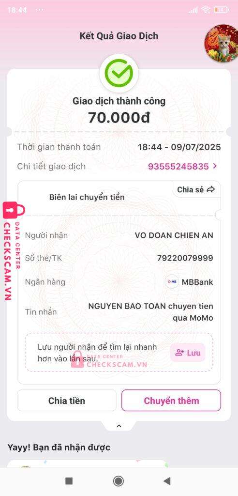 79220079999 VO DOAN CHIEN AN MB bị cảnh báo lừa đảo scam