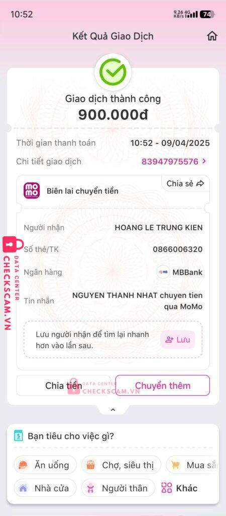 0866006320 Hoang Le Trung Kien MB bị cảnh báo lừa đảo scam
