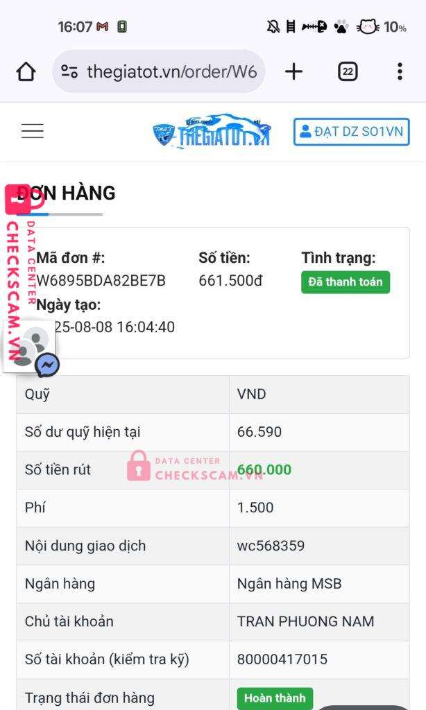 80000417015 TRAN PHUONG NAM MSB bị cảnh báo lừa đảo scam