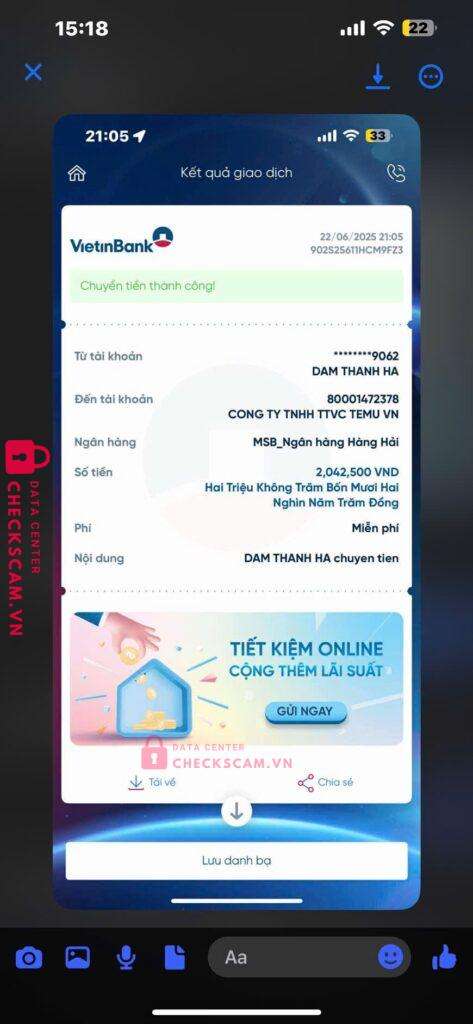 80001472378 TTVC TEMU VN MSB bị cảnh báo lừa đảo scam
