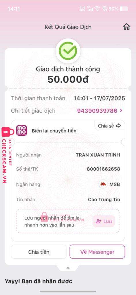 80001662658 Tran Xuan Trinh MSB bị cảnh báo lừa đảo scam