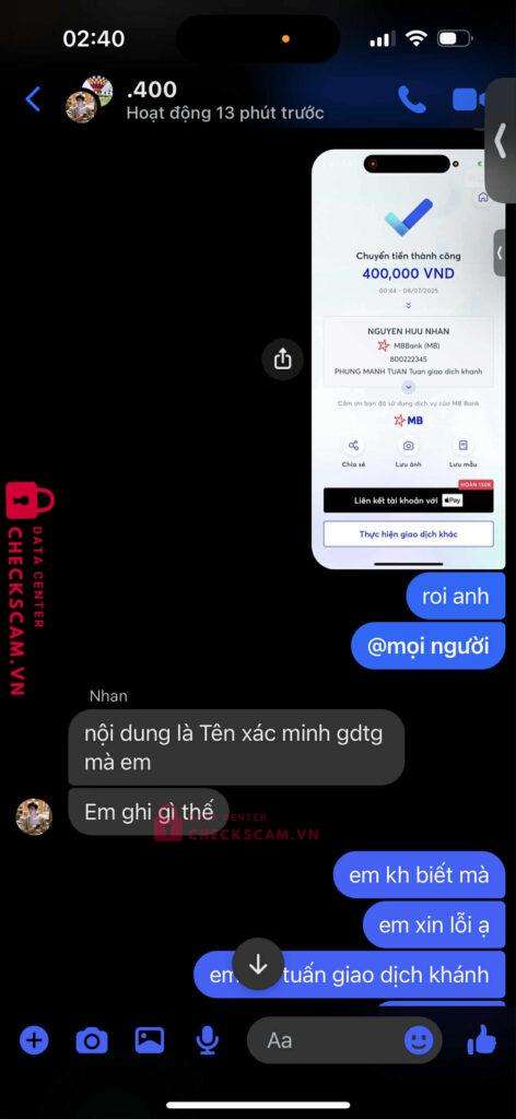 800222345 NGUYEN HUU NHAN MB bị cảnh báo lừa đảo scam