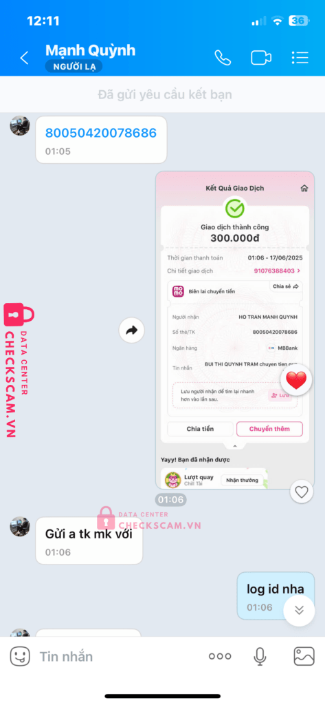 80050420078686 HO TRAN MANH QUYNH MB bị cảnh báo lừa đảo scam