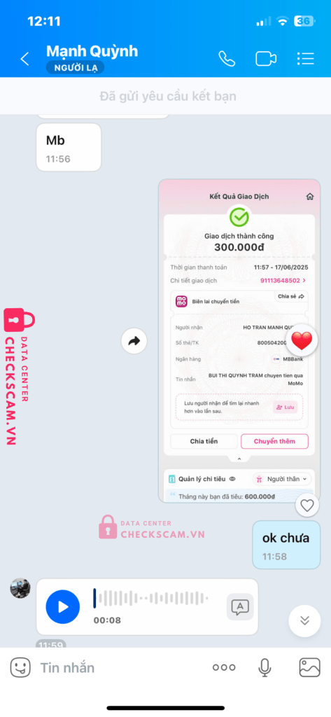 80050420078686 HO TRAN MANH QUYNH MB bị cảnh báo lừa đảo scam