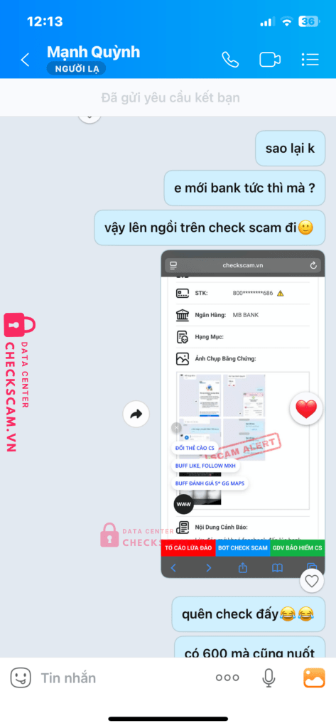 80050420078686 HO TRAN MANH QUYNH MB bị cảnh báo lừa đảo scam