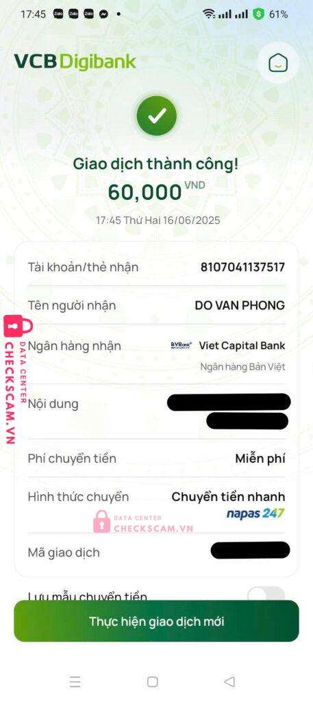 8107041137517 DO VAN PHONG BV Bank bị cảnh báo lừa đảo scam