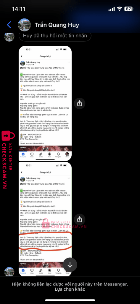 8107041229129 TRAN QUANG HUY BV BANK bị cảnh báo lừa đảo scam