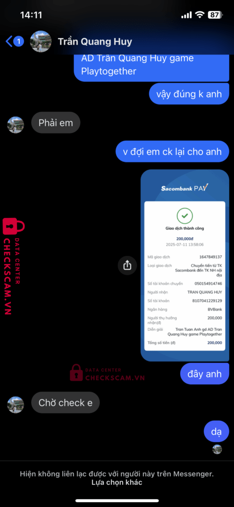 8107041229129 TRAN QUANG HUY BV BANK bị cảnh báo lừa đảo scam