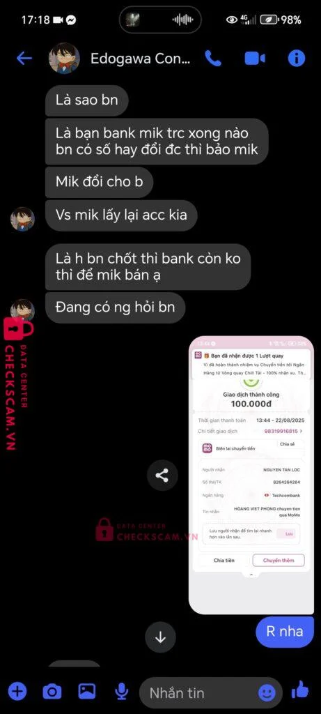 8264264264 Nguyen Tan Loc Techcombank bị cảnh báo lừa đảo scam