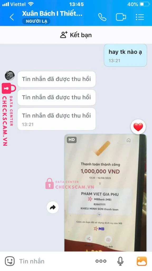 826611111 PHAM VIET GIA PHU MB bị cảnh báo lừa đảo scam