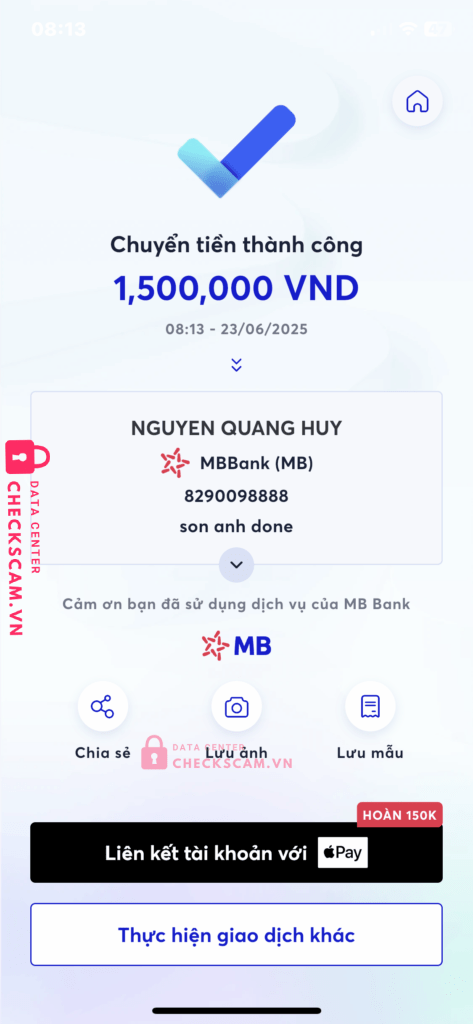 8290098888 NGUYEN QUANG HUY MB bị cảnh báo lừa đảo scam