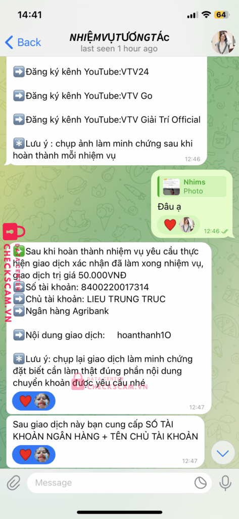 8400220017314 LIEU TRUNG TRUC Agribank bị cảnh báo lừa đảo scam