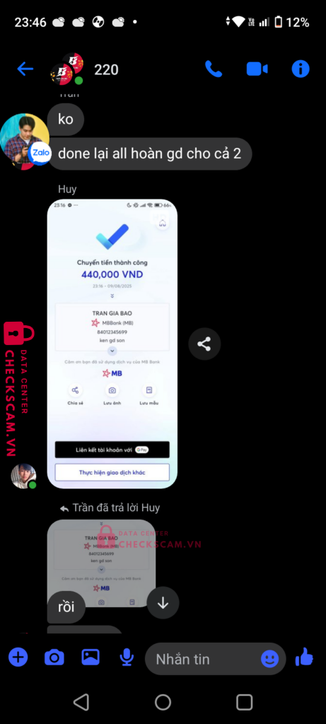 84012345699 TRAN GIA BAO MB bị cảnh báo lừa đảo scam