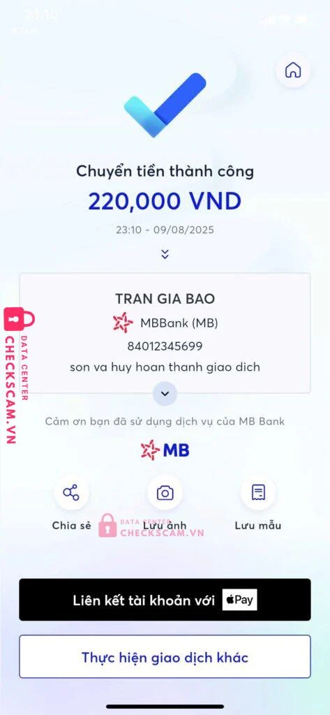 84012345699 TRAN GIA BAO MB bị cảnh báo lừa đảo scam