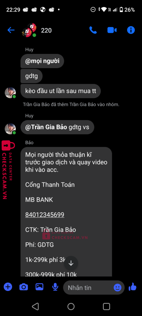 84012345699 TRAN GIA BAO MB bị cảnh báo lừa đảo scam