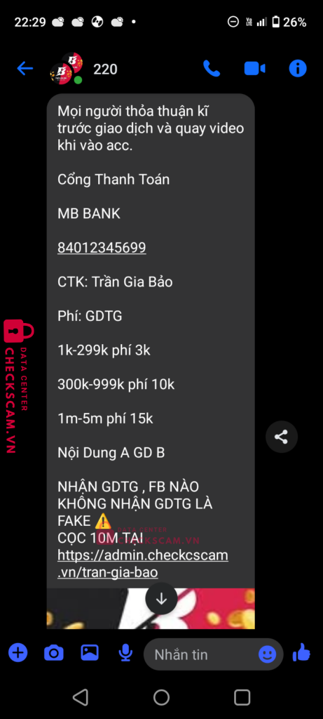 84012345699 TRAN GIA BAO MB bị cảnh báo lừa đảo scam