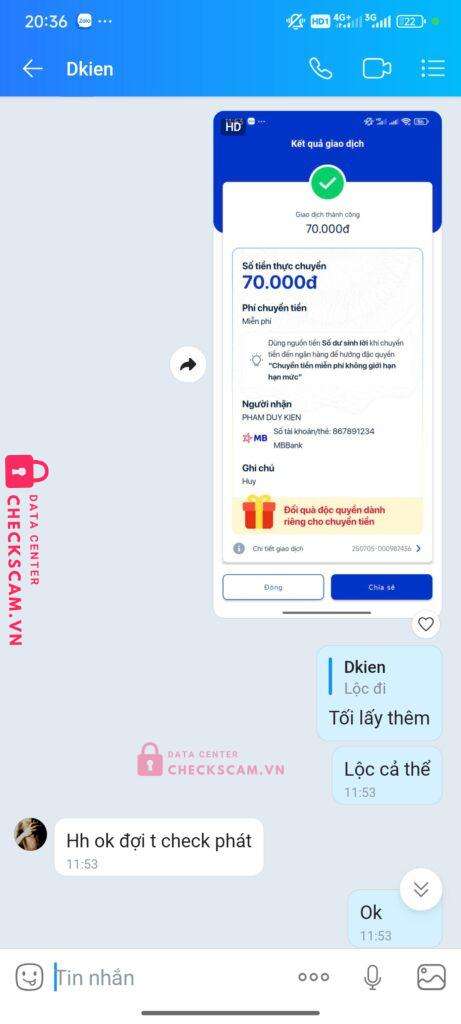 867891234 PHAM DUY KIEN MB bị cảnh báo lừa đảo scam