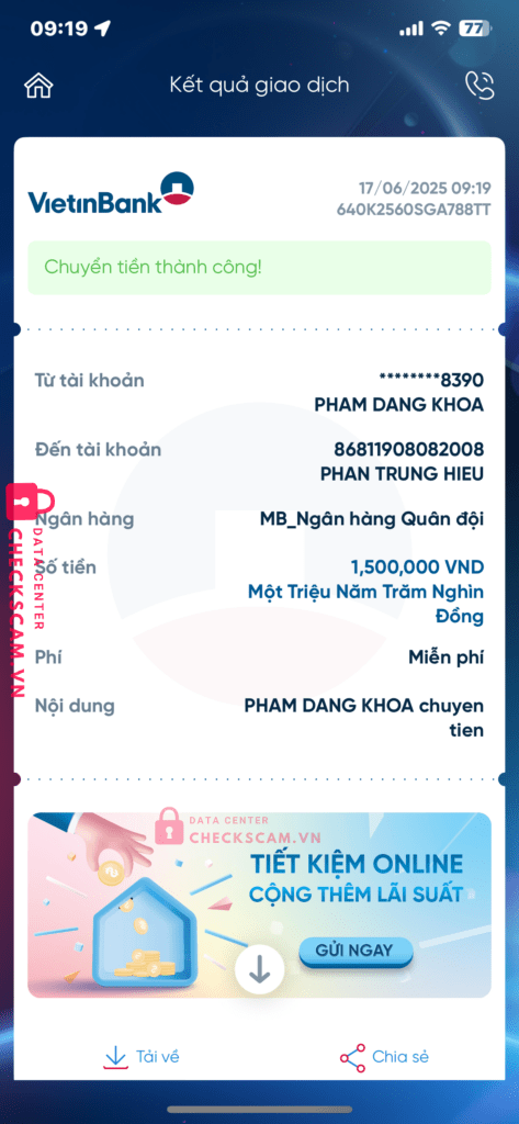 86811908082008 PHAN TRUNG HIEU MB bị cảnh báo lừa đảo scam