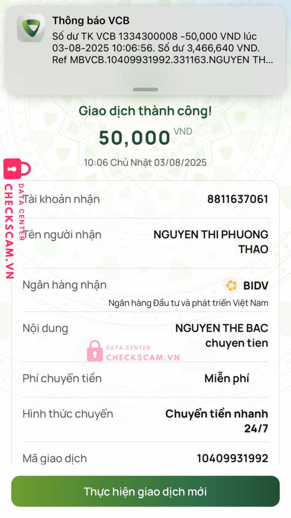 8811637061 NGUYEN THI PHUONG THAO BIDV bị cảnh báo lừa đảo scam