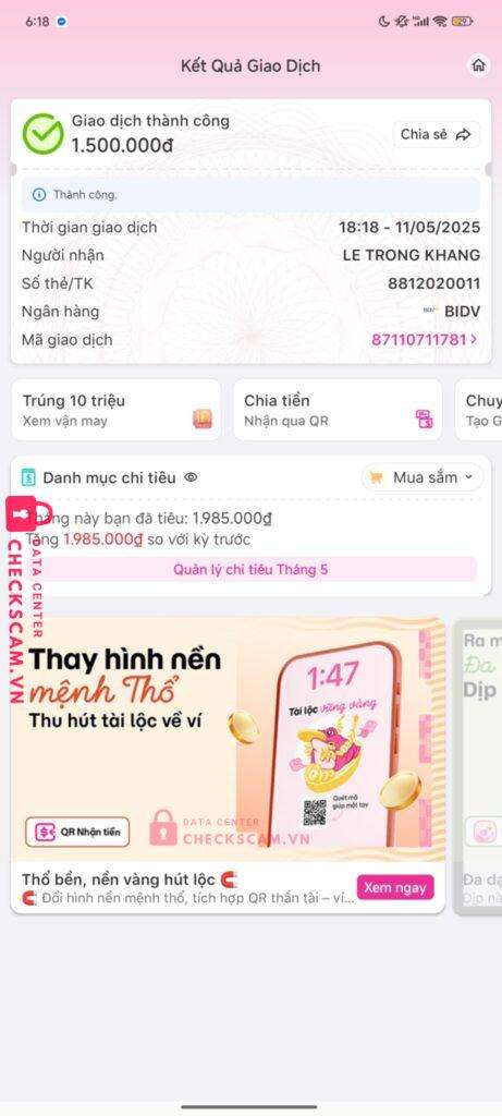 8812020011 Le Trong Khang BIDV bị cảnh báo lừa đảo scam